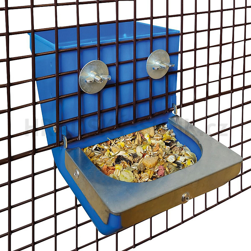 Závěsná miska modrá s nerezovou hranou a násypkou 850g.